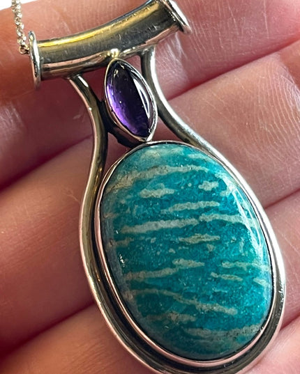 Large Sterling silver 925 Amazonite & Amethyst pendant necklace Balenisi…