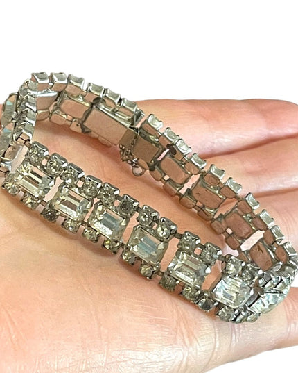 Vintage 1950s Clear Crystal silver finish tennis bracelet