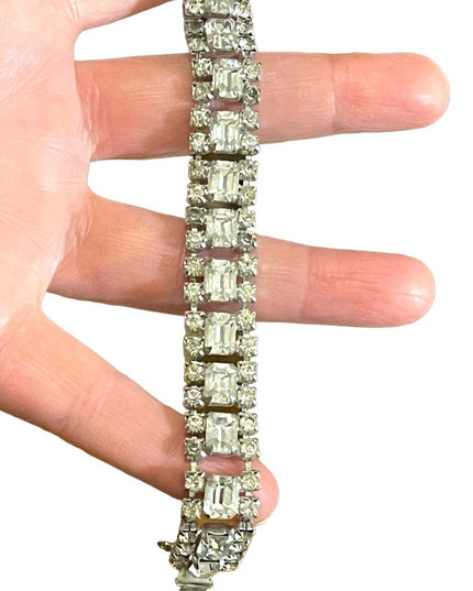 Vintage 1950s Clear Crystal silver finish tennis bracelet