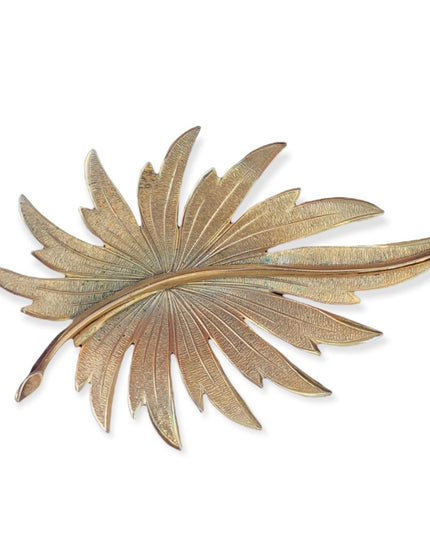 Vintage brushed gold large leaf fancy brooch large