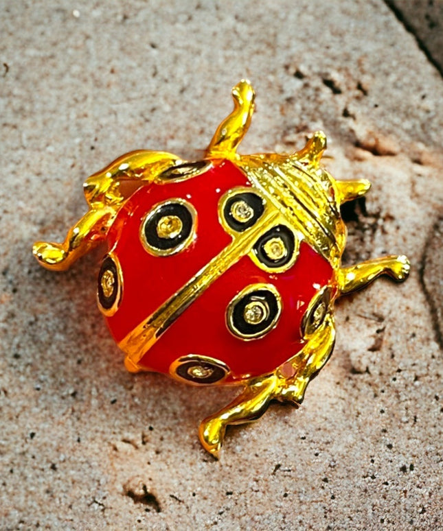 Lovely Crystal rhinestone enameled gold finish lady bug brooch