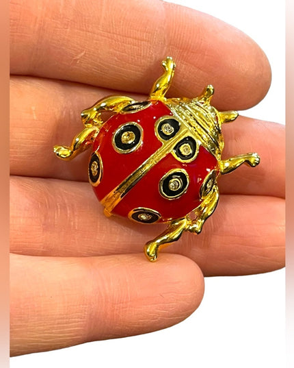 Lovely Crystal rhinestone enameled gold finish lady bug brooch