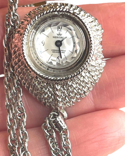 Vintage 1960s brushed silver finish Heritage fancy necklace watch