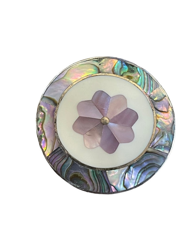 Vintage Alpaca Mexico silver flower mother of pearl & abalone Brooch pen…