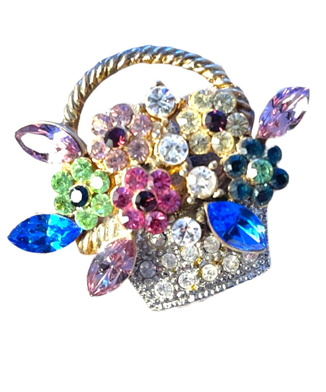 Lovely Beautiful Flower basket crystal gold tone brooch