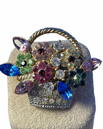 Lovely Beautiful Flower basket crystal gold tone brooch