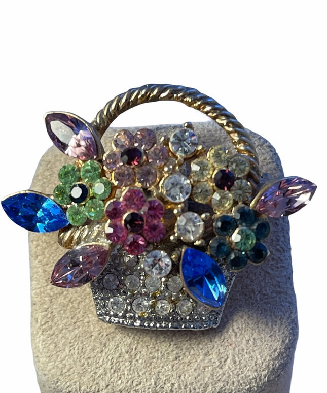 Lovely Beautiful Flower basket crystal gold tone brooch