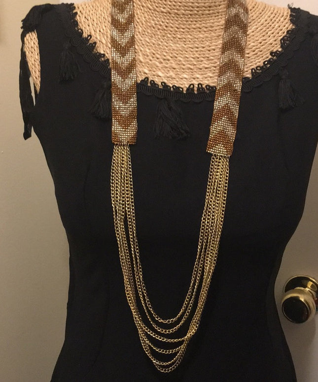 Vintage Micro bead multistrand necklace long copper silver color
