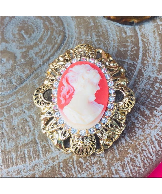 Vintage Gold high quality Cameo lg with rhinestones Brooch