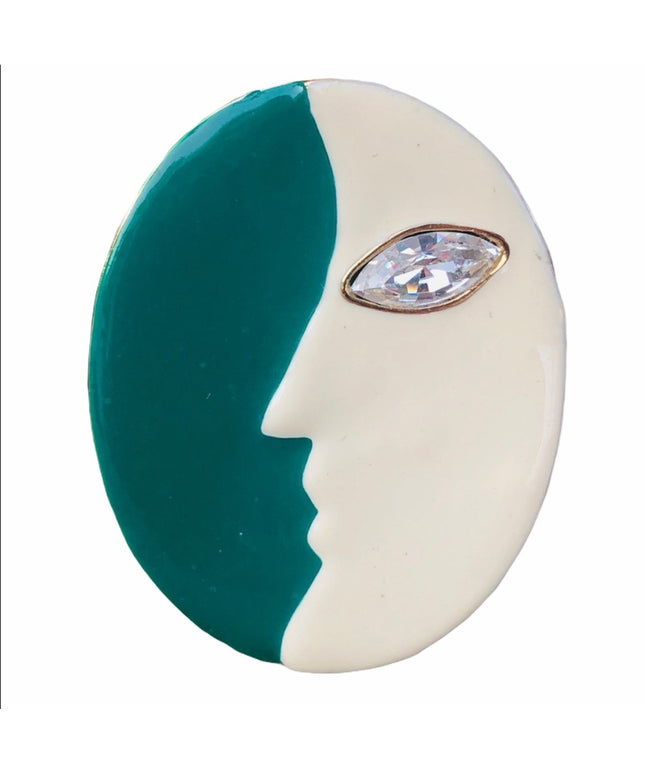Vintage 1980s Lancetti Italy brooch moon enamel teal & white enamel