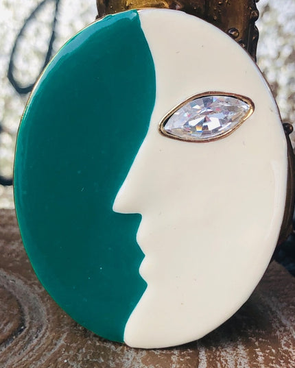 Vintage 1980s Lancetti Italy brooch moon enamel teal & white enamel
