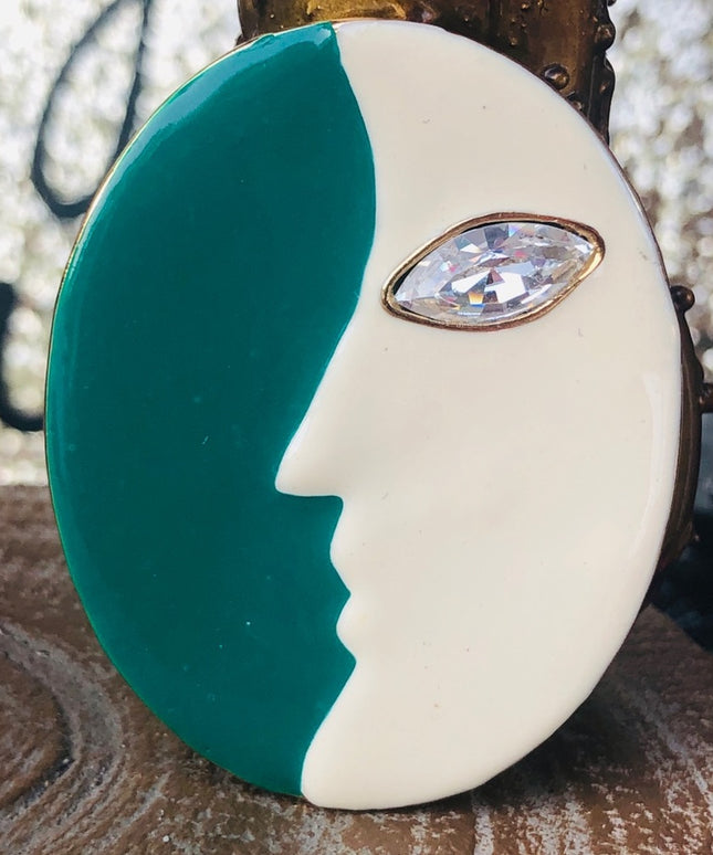 Vintage 1980s Lancetti Italy brooch moon enamel teal & white enamel