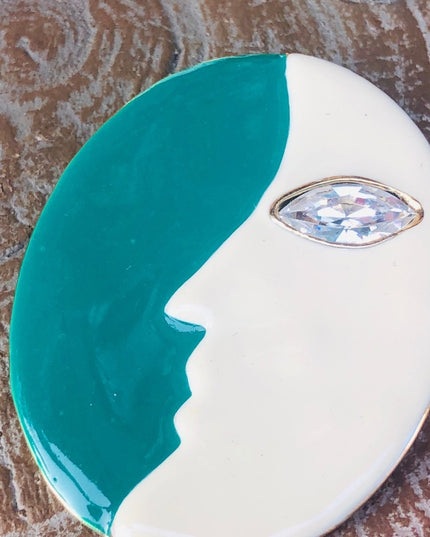Vintage 1980s Lancetti Italy brooch moon enamel teal & white enamel