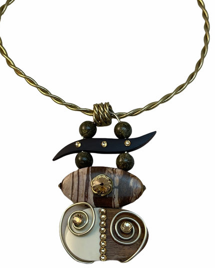 Rare Jeff Lieb wood jasper stone brass handmade deaigner choker necklace