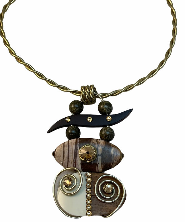 Rare Jeff Lieb wood jasper stone brass handmade deaigner choker necklace