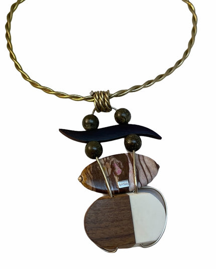 Rare Jeff Lieb wood jasper stone brass handmade deaigner choker necklace