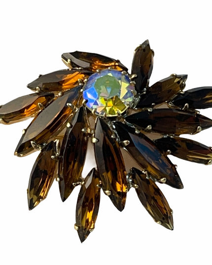 Vintage 1950s Stunning brown Amber starburst CZECH crystal brooch