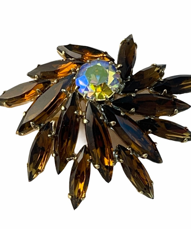 Vintage 1950s Stunning brown Amber starburst CZECH crystal brooch