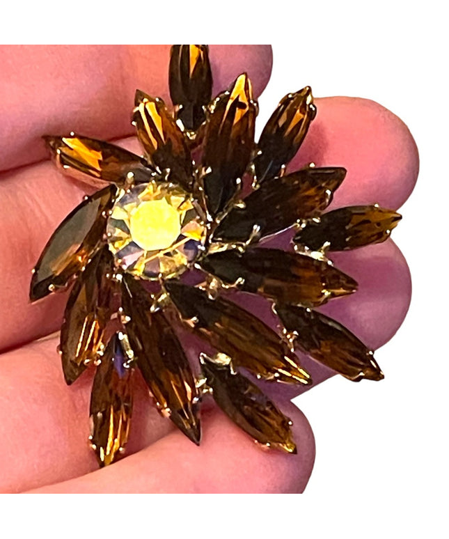 Vintage 1950s Stunning brown Amber starburst CZECH crystal brooch