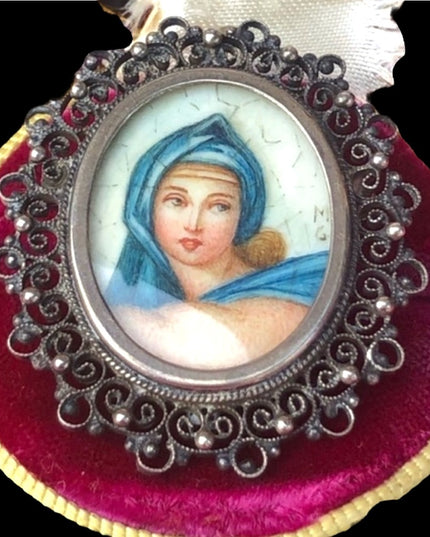 Antique 800 Silver necklace pendant hand painted Cameo Locket ornate wire work
