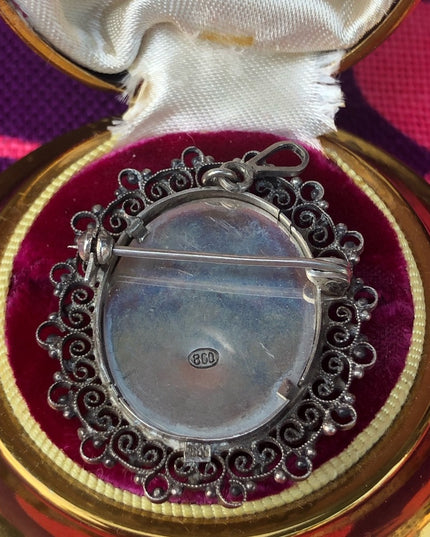 Antique 800 Silver necklace pendant hand painted Cameo Locket ornate wire work