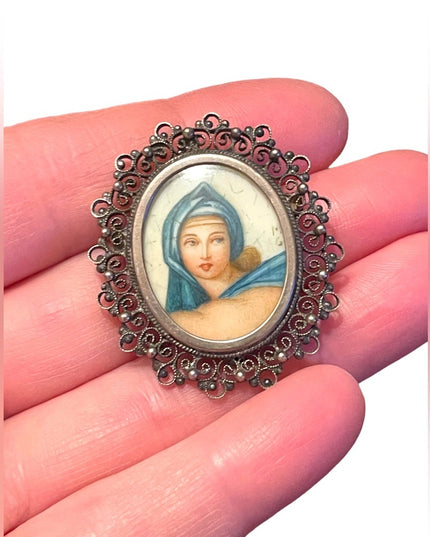 Antique 800 Silver necklace pendant hand painted Cameo Locket ornate wire work