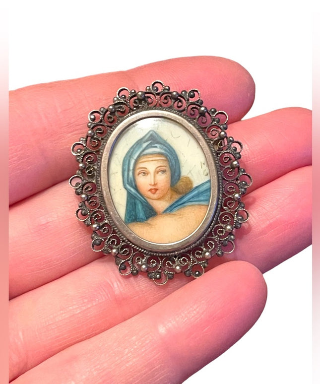 Antique 800 Silver necklace pendant hand painted Cameo Locket ornate wire work