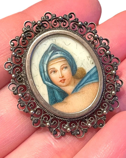 Antique 800 Silver necklace pendant hand painted Cameo Locket ornate wire work
