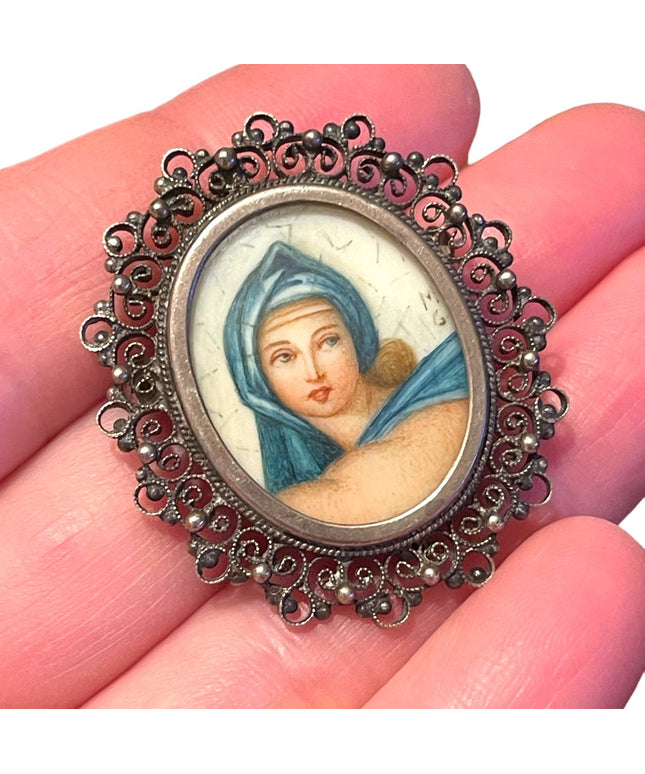 Antique 800 Silver necklace pendant hand painted Cameo Locket ornate wire work