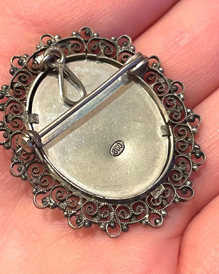 Antique 800 Silver necklace pendant hand painted Cameo Locket ornate wire work