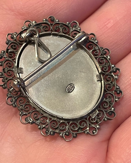 Antique 800 Silver necklace pendant hand painted Cameo Locket ornate wire work