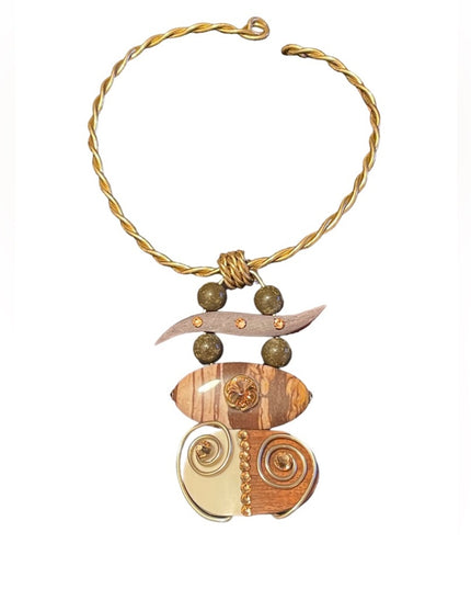 Rare Jeff Lieb wood jasper stone brass handmade deaigner choker necklace