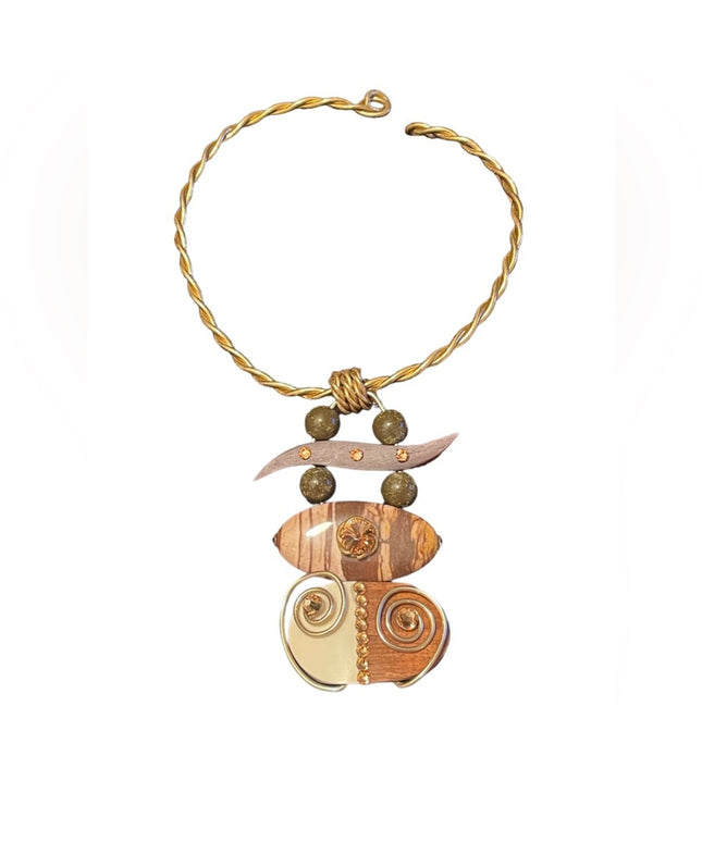 Rare Jeff Lieb wood jasper stone brass handmade deaigner choker necklace