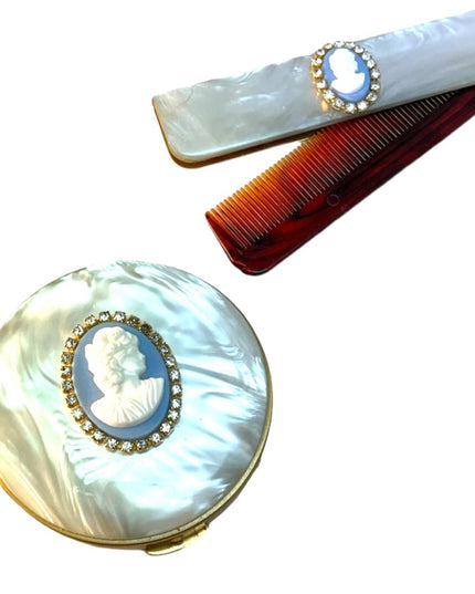 Rare Vintage C1950s Cameo comb & compact blue lucite Othermof pearl finish gold