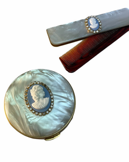 Rare Vintage C1950s Cameo comb & compact blue lucite Othermof pearl finish gold