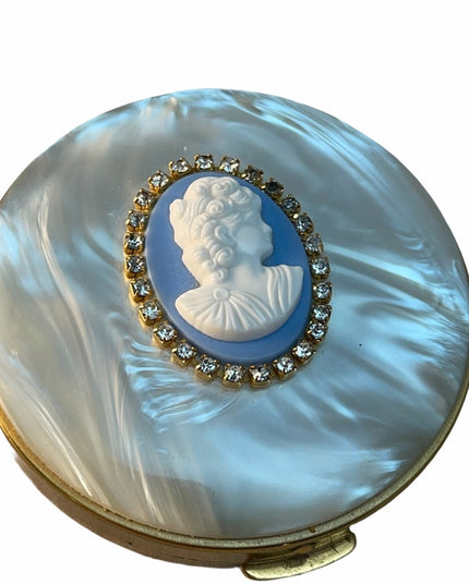Rare Vintage C1950s Cameo comb & compact blue lucite Othermof pearl finish gold