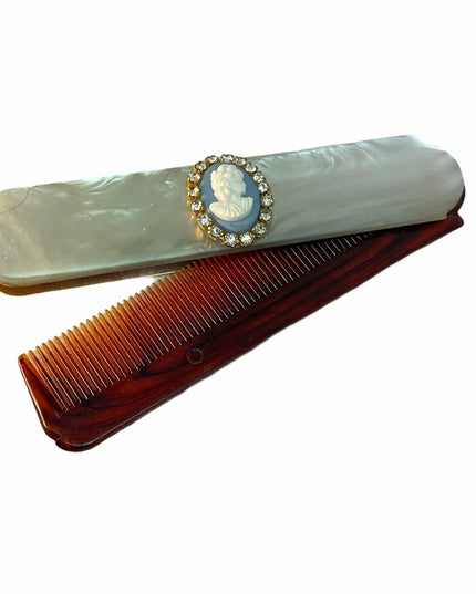 Rare Vintage C1950s Cameo comb & compact blue lucite Othermof pearl finish gold