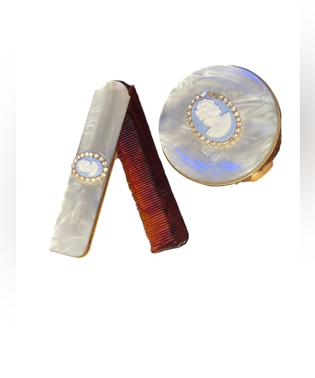 Rare Vintage C1950s Cameo comb & compact blue lucite Othermof pearl finish gold