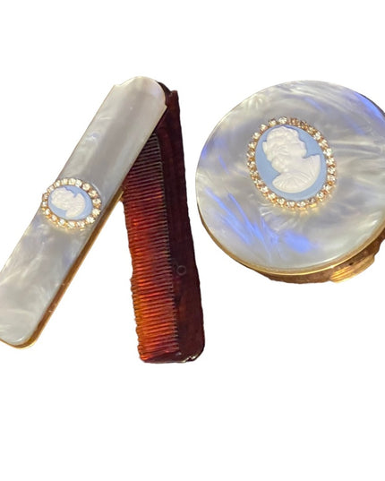 Rare Vintage C1950s Cameo comb & compact blue lucite Othermof pearl finish gold