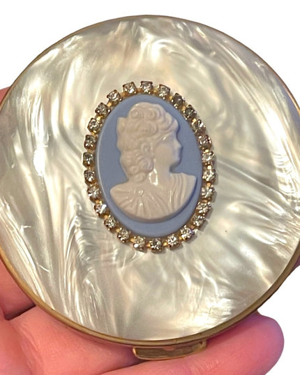 Rare Vintage C1950s Cameo comb & compact blue lucite Othermof pearl finish gold
