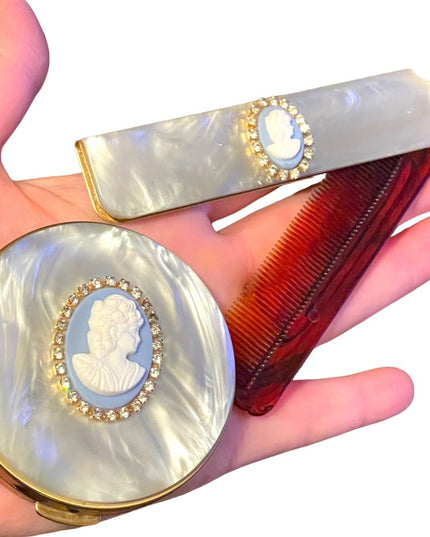 Rare Vintage C1950s Cameo comb & compact blue lucite Othermof pearl finish gold