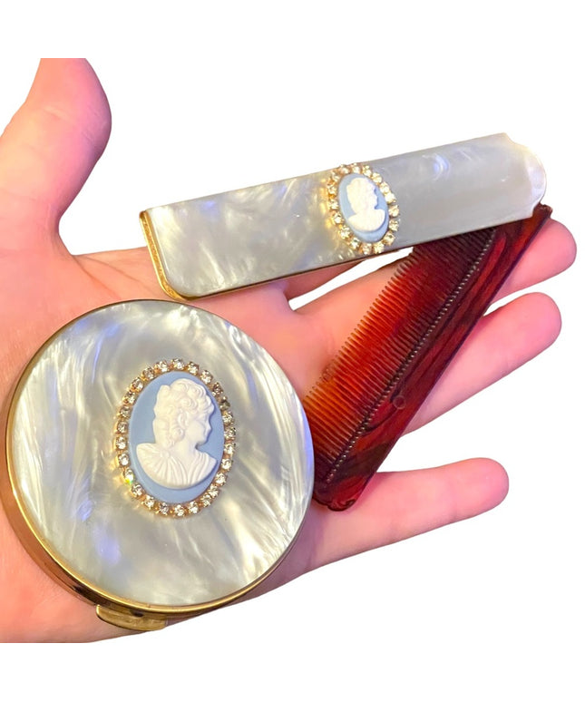 Rare Vintage C1950s Cameo comb & compact blue lucite Othermof pearl finish gold