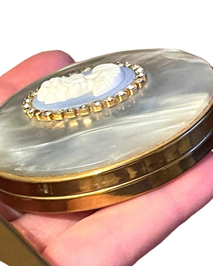 Rare Vintage C1950s Cameo comb & compact blue lucite Othermof pearl finish gold