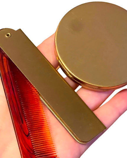 Rare Vintage C1950s Cameo comb & compact blue lucite Othermof pearl finish gold