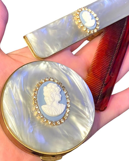 Rare Vintage C1950s Cameo comb & compact blue lucite Othermof pearl finish gold