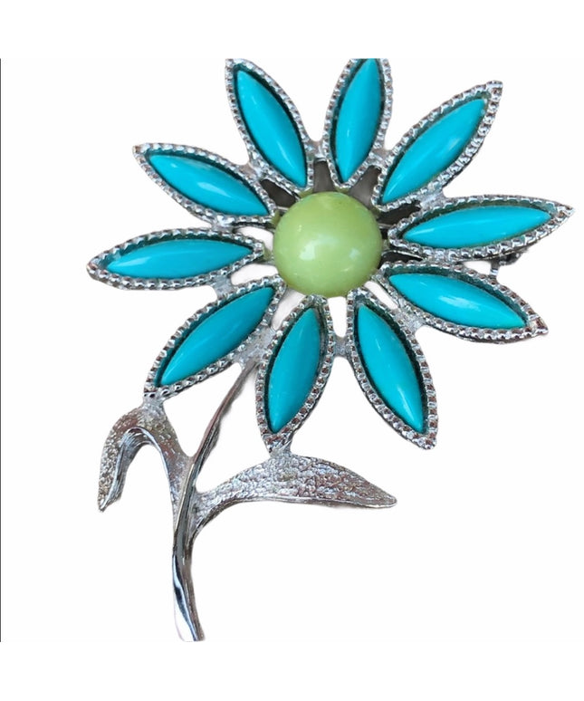 Vintage Sarah Coventry colorful blue Daisey silver brooch 1960s