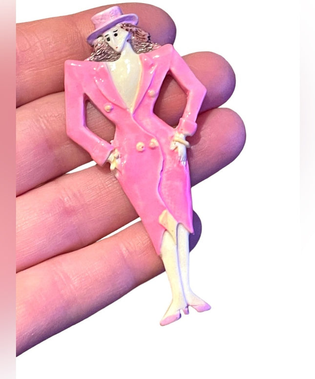 Vintage Handpainted resin plastic fancy lady brooch