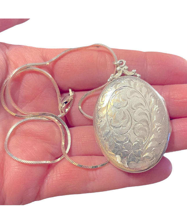 Antique Sterling silver 925 Etched LARGE locket Victorian necklace (B) S…