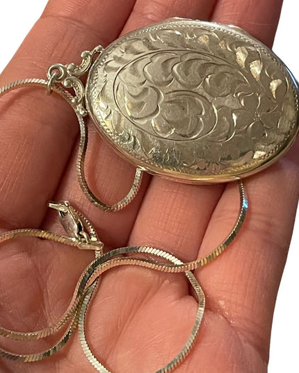 Antique Sterling silver 925 Etched LARGE locket Victorian necklace (B) S…