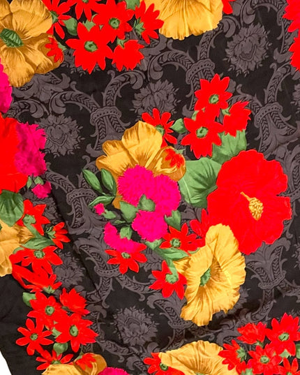 Vintage 1990s Lovely flower Liz Claiborne SILK large scarf black red pink